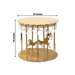 14″ Gold Metal Round Pedestal Cake Stand Carousel Design with Hanging Acrylic