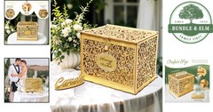 Wooden Gift Card Box for Weddings with Lift-off Lid and Glittery Gold Finish