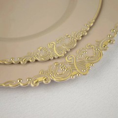 10 TAUPE GOLD 8″ Round Plastic Salad Dinner PLATES Embossed Baroque Rim Party