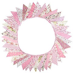 39Ft Triangle Bunting Banner, 42Pcs Tea Floral Party Bunting Cotton Pink