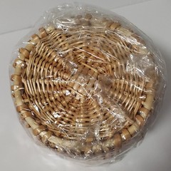 VIVICLUD Round Straw Woven Flower Basket Pearl Handle Ribbon Wedding Beige White