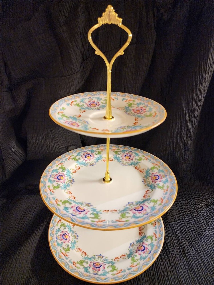 Minton B833 3 Tiered Tray Cake Dessert Stand Gold Handle