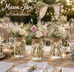 Wedding Mason Jar Vase Centerpieces Set, Clear Glass w/ Twine Heart, 6.3in