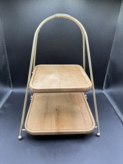Two Tier Tray Cupcake Holder Display Natural Wood Gold Metal Kitchen Table Decor