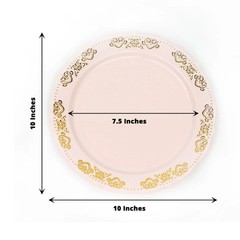 10 Blush Round 10″ Salad Plates Gold Trim Party Wedding Catering Disposable Home