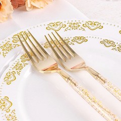24 CLEAR 8.5″ Plastic FORKS with Gold Glittered Handle Wedding Party Tableware