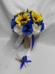 Rustic Package Silk Flower Wedding Bridal Bouquet Sunflower Royal Blue Burlap