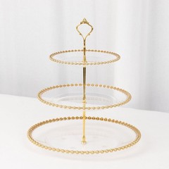 Clear Gold 3-Tier 14″ Round Plastic Cupcake Tower Stand Beaded Rim Party Events