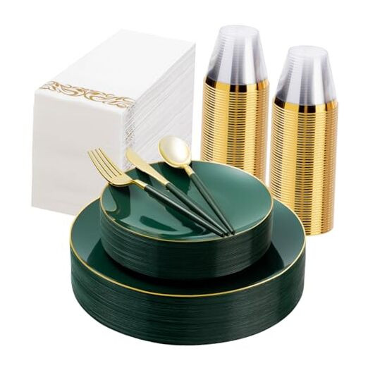 175 Pieces Green Gold Plastic Dinnerware Set, Green and Gold Disposable Plates