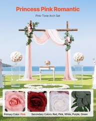 Realistic Pink Silk Wedding Arch Flowers with 21ft Drapes 2PC Set