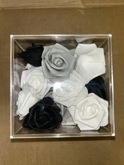 Felt Black, White & Gray Table Centerpiece Rose Buds In 6x6x6 Clear Plastic Box