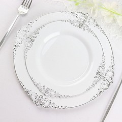10 WHITE SILVER 8″ Round Plastic Salad Dinner PLATES Embossed Baroque Rim Party