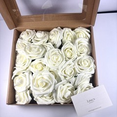 25 Ling’s Moment Artificial Foam Ivory Roses With Stems & Leaves Flowers NOB
