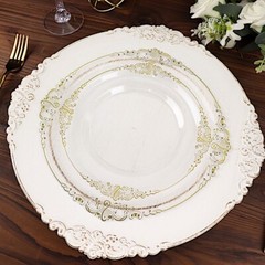10 CLEAR GOLD 8″ Round Plastic Salad Dinner PLATES Embossed Baroque Rim Party