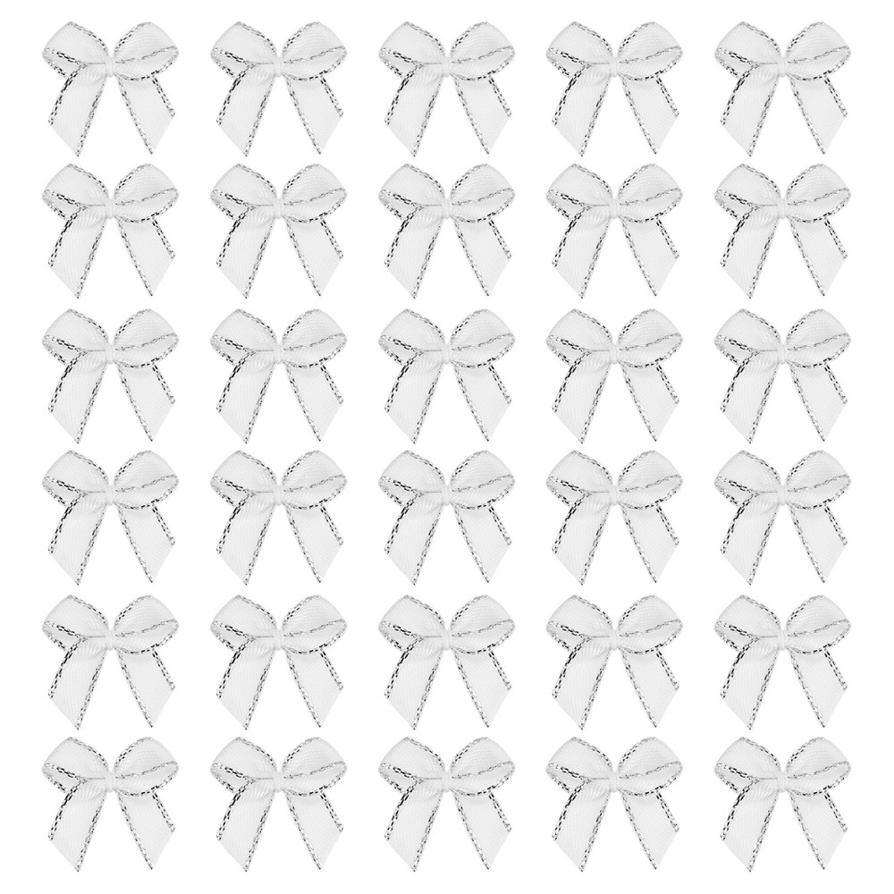 Mini Metallic Silver Edge Ribbon Bow, 22x23mm Bow (Pack of 50, White)