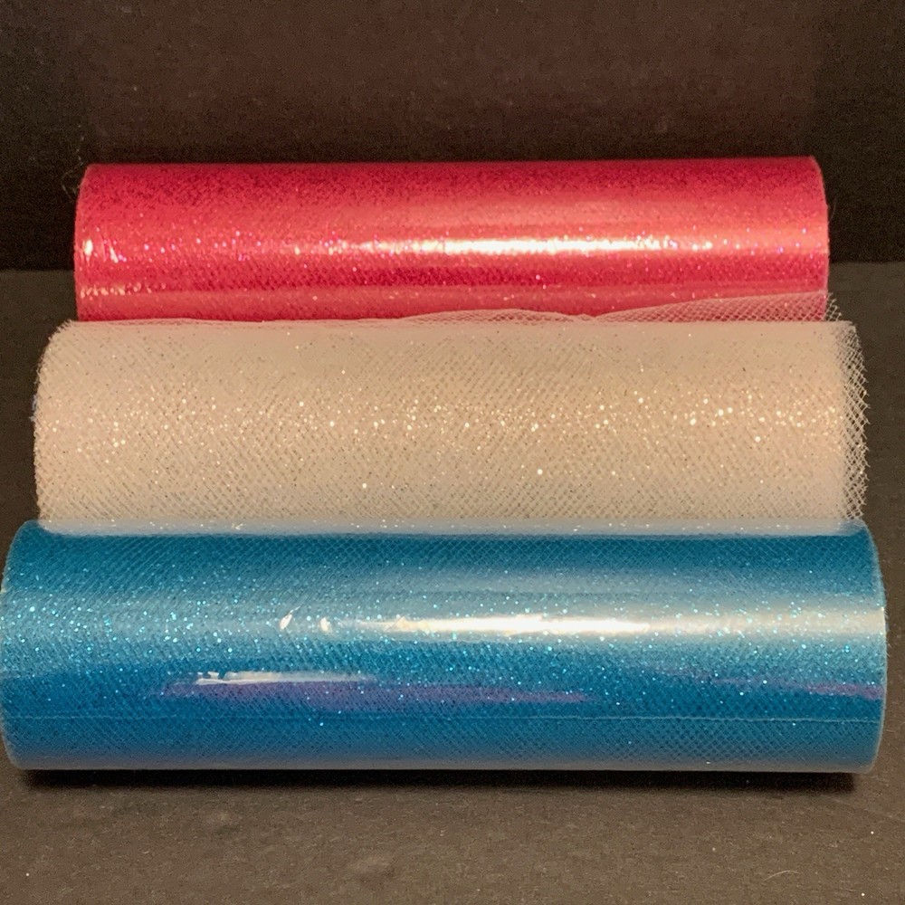 Lot of 3 Glitter Tulle 6” X 3 Yards White Blue Pink Craft