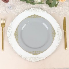 10 GRAY GOLD 10″ Round Plastic Salad Dinner PLATES Embossed Baroque Rim Party