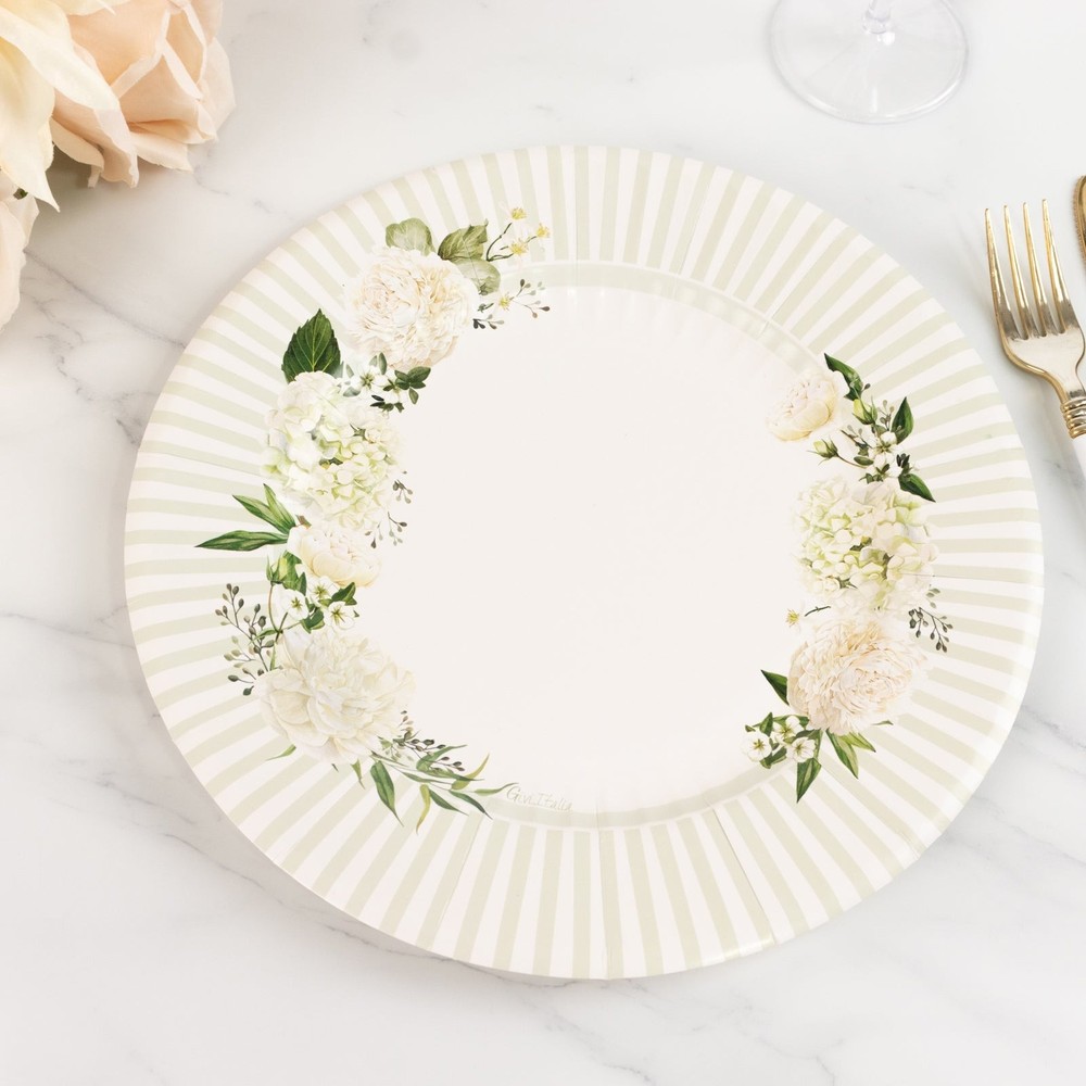 25 WHITE SAGE GREEN Dinner Paper Plates with Floral Lined Rim Decorations