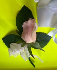 Bridal artificial silk flowers bouquet white & pink, 2 corsages, boutonniere lot