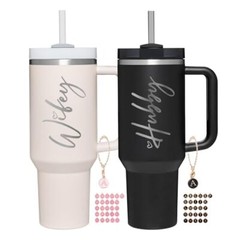Wifey Hubby 40 oz Tumbler Cup for Couples with Handle Lids Straws Letter Charm