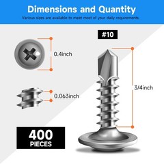 400Pcs #10 x 3/4″ Self Tapping Screws for Metal, 410 Stainless Steel, Self Dr…