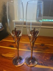 Rose Gold Wedding Toasting Flutes Set of 2 Rhinestone Heart Champagne Glasses