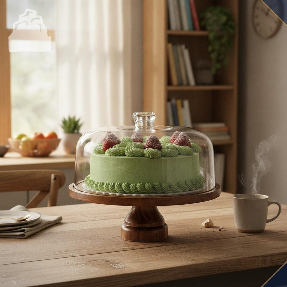 Cake Stand with Dome Lid, Acacia Wood Footed Plate Display Cover