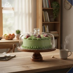 Cake Stand with Dome Lid, Acacia Wood Footed Plate Display Cover
