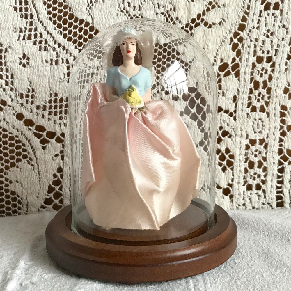 Vintage 1940s 1950s Chalkware Bridesmaid Table Topper in Glass Dome
