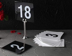 Double-Sided Plastic Table Numbers 1-100, 4″x4″, Light Grey on Black – Restauran