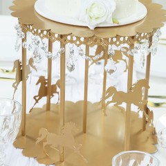 14″ Gold Metal Round Pedestal Cake Stand Carousel Design with Hanging Acrylic