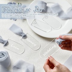 24 Pcs Acrylic Place Cards Wedding Clear 3.54×1.77 Inch Blank Dusty Blue Ribbon