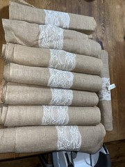 Mainstays 18″ X 10’ Burlap Lace Table Runners. 7 Used Good Condition + 1 New