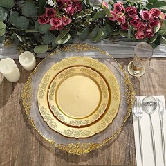 10 Gold Round 10″ Salad Plates Gold Trim Party Wedding Catering Disposable Home
