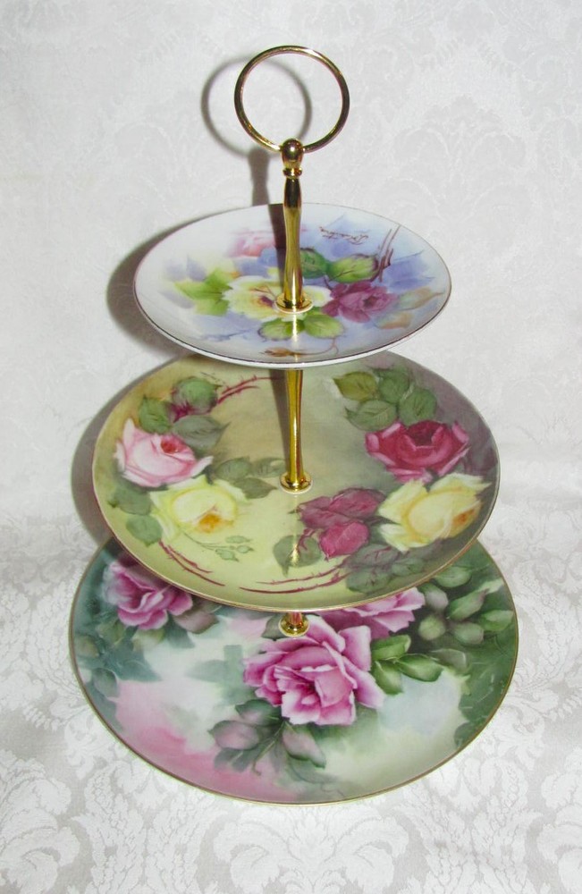 Custom Three Tier Tea Party Cake Stand Made With Vintage Hand Painted Plates