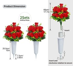 Wcro Artificial Cemetery Flowers,2 Sets Rose Flowers with Red