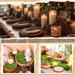 7 Pack Wood Table Centerpieces with Rustic Wood Slices and Artificial Fake Green
