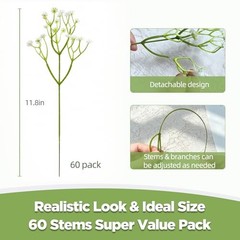 60 Pcs Bulk Long Stem Artificial Baby’s Breath, White Faux Gypsophila Flowers