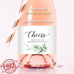 Mini Champagne Bottle Labels Green Watercolor Leaves 12 Pack Party