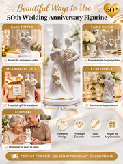 50th Wedding Anniversary Cake Topper Porcelain Couple Gold Heart Decor 5″