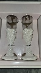 Wedding Champagne Toasting Flute Glasses with Bling Bow/Pearls Glitter Stems New