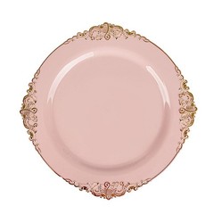 10 BLUSH GOLD 8″ Round Plastic Salad Dinner PLATES Embossed Baroque Rim Party
