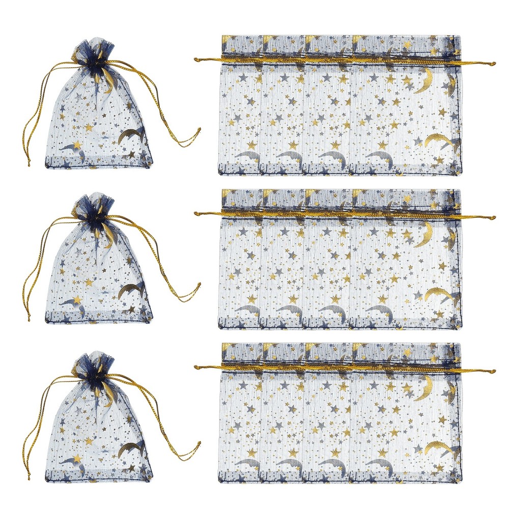 Organza Bags, 100 Pcs 2.8 x 3.5 Inch Moon Star Mesh Candy Pouch, Navy Gold