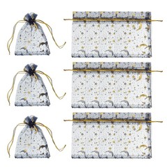 Organza Bags, 100 Pcs 2.8 x 3.5 Inch Moon Star Mesh Candy Pouch, Navy Gold