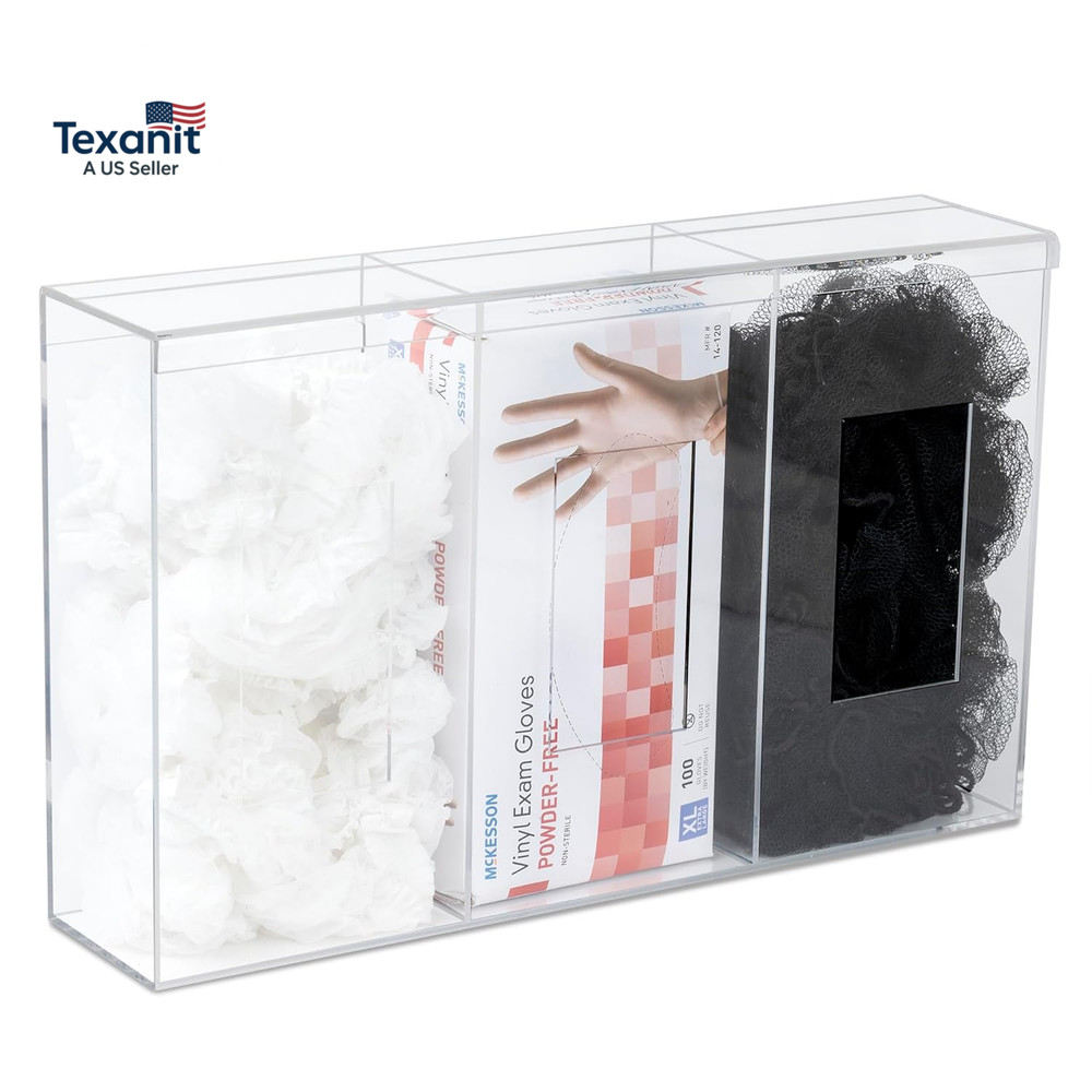 Triple Hygiene Holder – 3 Compartment Acrylic Dispenser with Lid for Hairnets, G