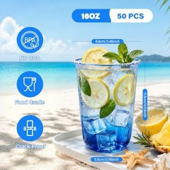 Pack of 50 Blue 16oz Disposable Plastic Cups – Clear Stemless Wine Drinking
