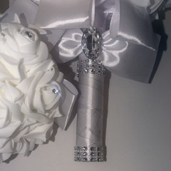 2x Artificial White Rose Wedding Bouquets w/ Silver Satin Ribbon & Rhinestones