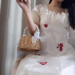 Wicker Rattan Flower Girl Basket with Pearl Handle, 6.5 * 7.8in Cute Wicker B…
