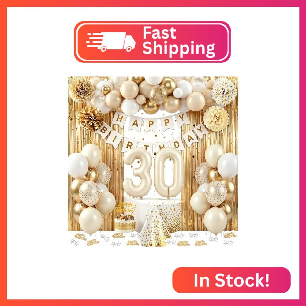 30th Birthday Decorations for Her, Gold Happy 30th Birthday Decorations White an