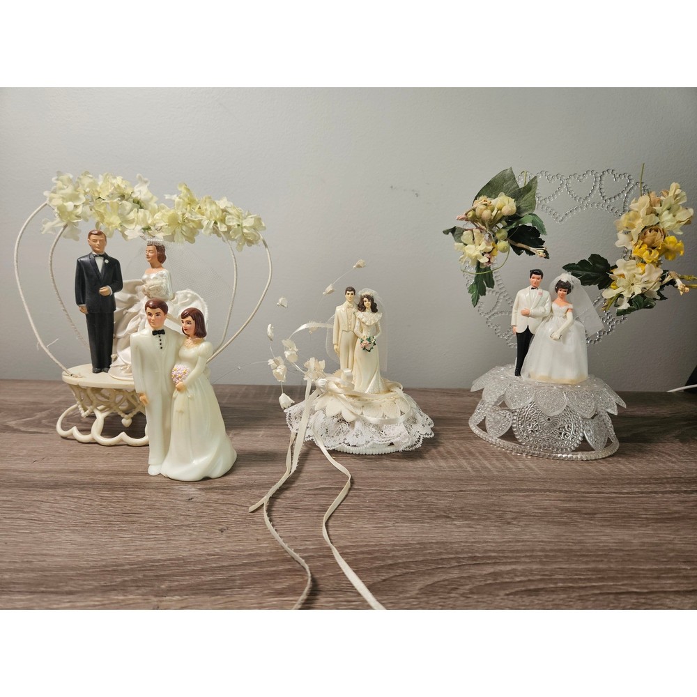 Vintage Wedding Cake Topper Lot 4pc Wilton Bride Groom Retro Lace Floral 1993